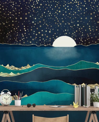 White Moon In a Starry Sky Over a Blue Sea 