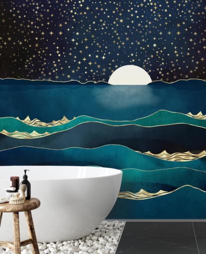 White Moon In a Starry Sky Over a Blue Sea wall mural