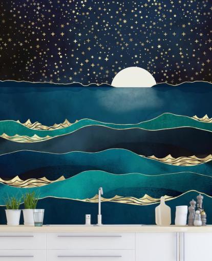 White Moon In a Starry Sky Over a Blue Sea 