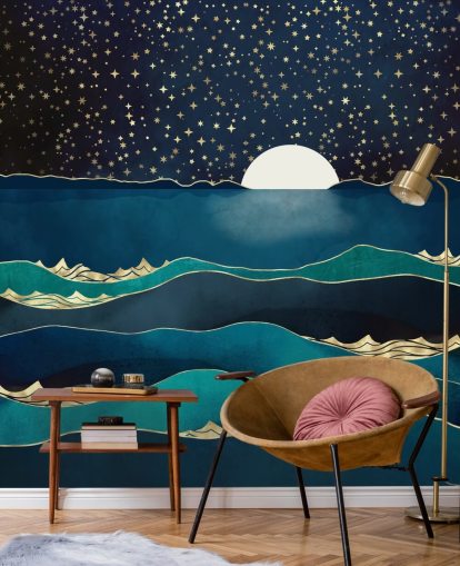 White Moon In a Starry Sky Over a Blue Sea 