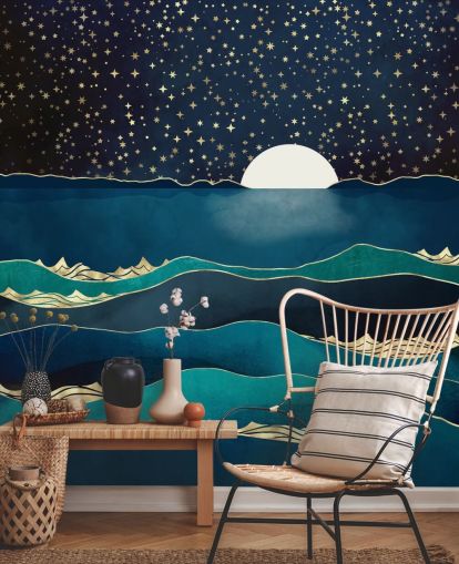 White Moon In a Starry Sky Over a Blue Sea wall mural
