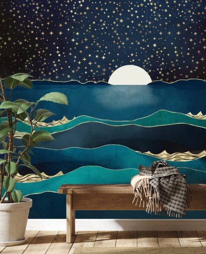 White Moon In a Starry Sky Over a Blue Sea 