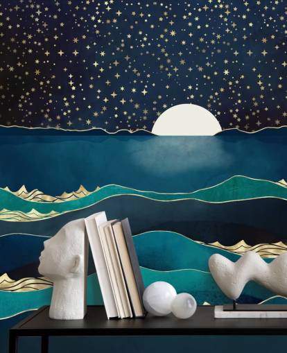 White Moon In a Starry Sky Over a Blue Sea 