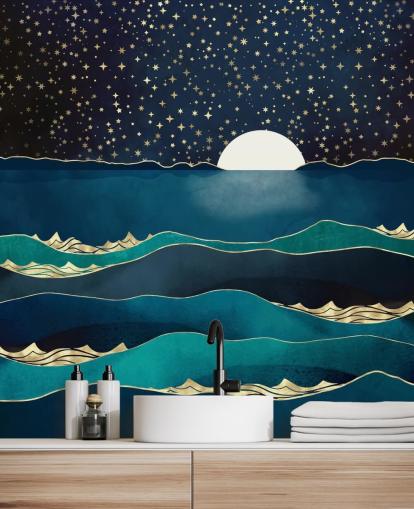 White Moon In a Starry Sky Over a Blue Sea 