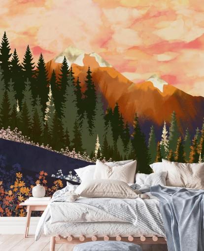 collines vallonnées avec des arbres forestiers et des montagnes lointaines