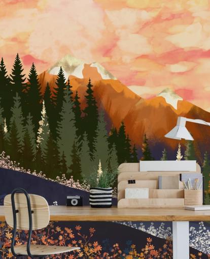 collines vallonnées avec des arbres forestiers et des montagnes lointaines