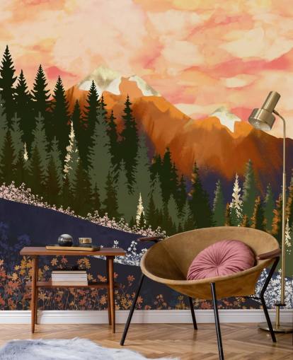 Rullende bakker med skovtræer og fjerne bjerge