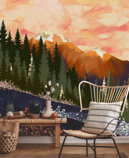 collines vallonnées avec des arbres forestiers et des montagnes lointaines