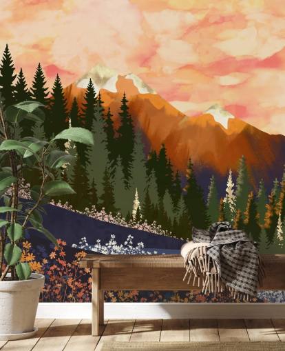 Glooiende heuvels met bosbomen en verre bergen