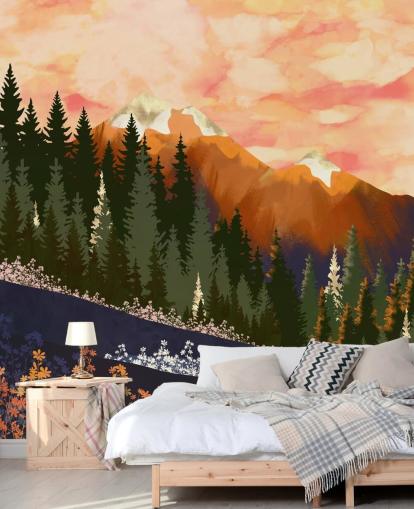 Rullande kullar med skogsträd och avlägsna berg