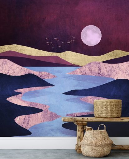 Moon Over a Purple and Blue Lake and Mountains Wallpaper