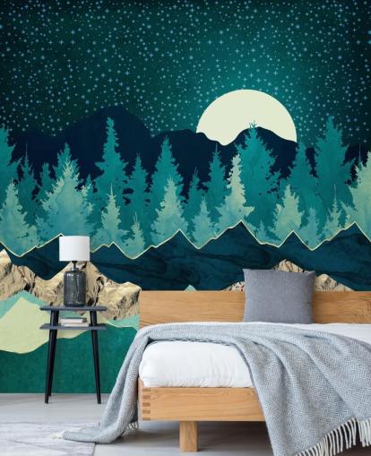 Blue and Green Landscape With Moon and Starry Sky