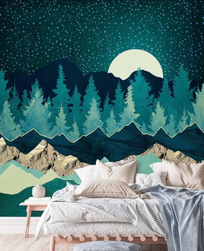 Paysage bleu et vert avec lune et ciel étoilé