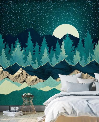 Blaue und grüne Landschaft mit Mond und Sternenhimmel