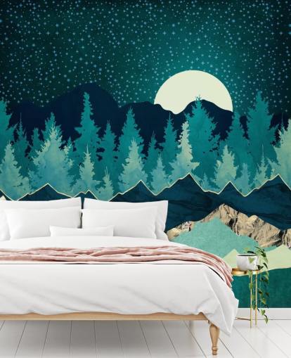 Paisagem azul e verde com lua e céu estrelado