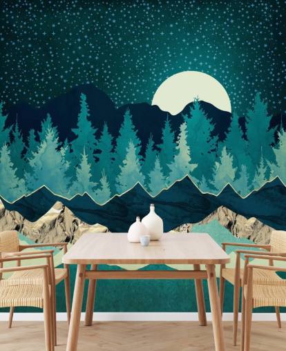 Blaue und grüne Landschaft mit Mond und Sternenhimmel