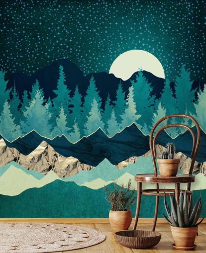 Blue and Green Landscape With Moon and Starry Sky