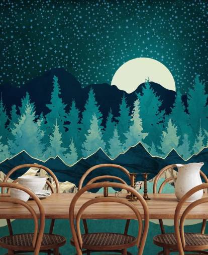 Paysage bleu et vert avec lune et ciel étoilé