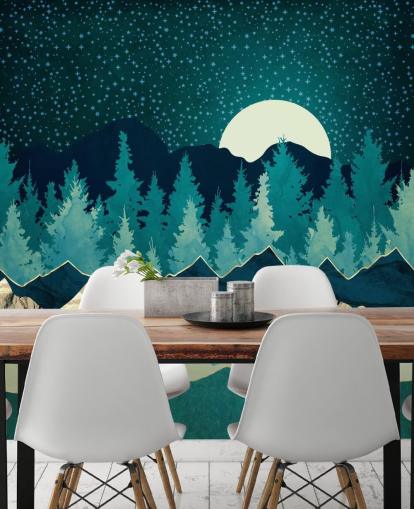 Blaue und grüne Landschaft mit Mond und Sternenhimmel