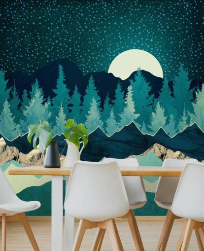 Paisaje azul y verde con luna y cielo estrellado