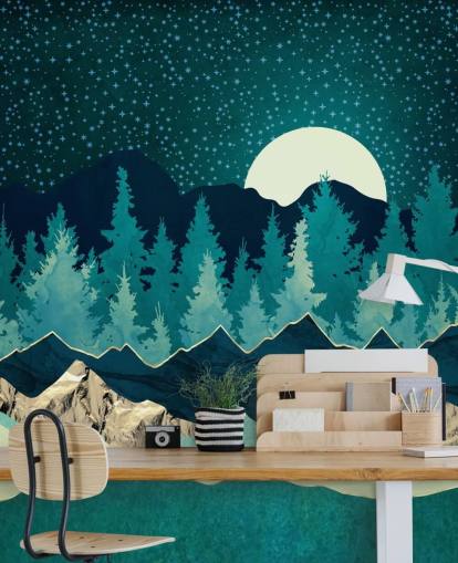 Blue and Green Landscape With Moon and Starry Sky