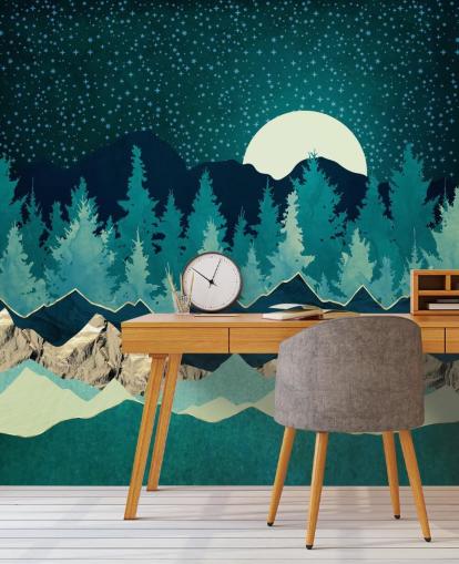 Paisagem azul e verde com lua e céu estrelado Paisagem azul e verde com lua e céu estrelado