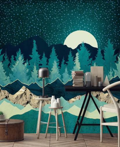 Blue and Green Landscape With Moon and Starry Sky