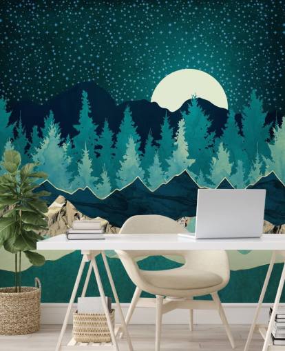 Blue and Green Landscape With Moon and Starry Sky