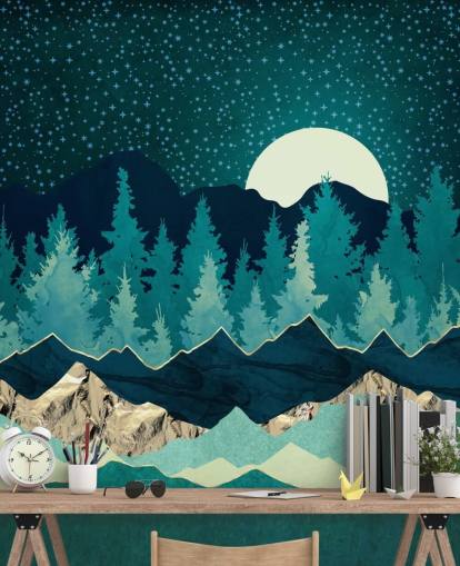 Paesaggio blu e verde con luna e cielo stellato