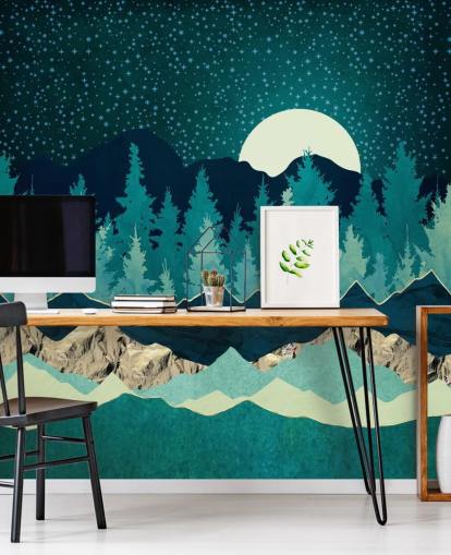 Blue and Green Landscape With Moon and Starry Sky