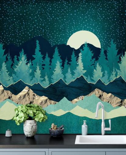 Paysage bleu et vert avec lune et ciel étoilé Paysage bleu et vert avec lune et ciel étoilé