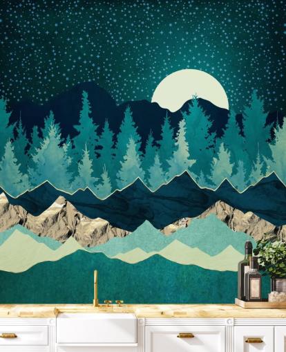 Blue and Green Landscape With Moon and Starry Sky