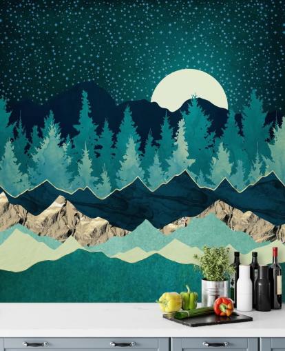 Blaue und grüne Landschaft mit Mond und Sternenhimmel