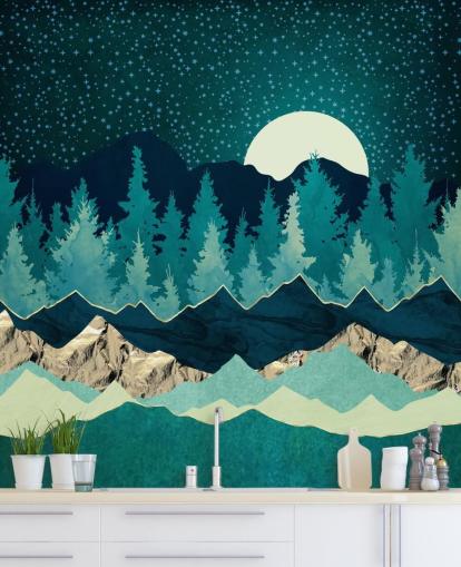 Paesaggio blu e verde con luna e cielo stellato