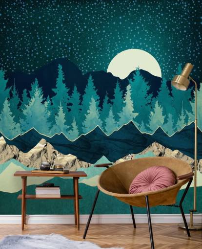 Paisaje azul y verde con luna y cielo estrellado