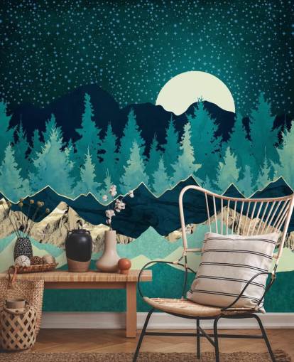 Blue and Green Landscape With Moon and Starry Sky