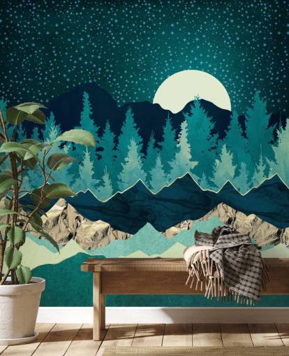 Blue and Green Landscape With Moon and Starry Sky