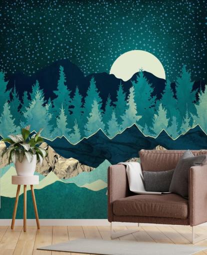 Paisaje azul y verde con luna y cielo estrellado