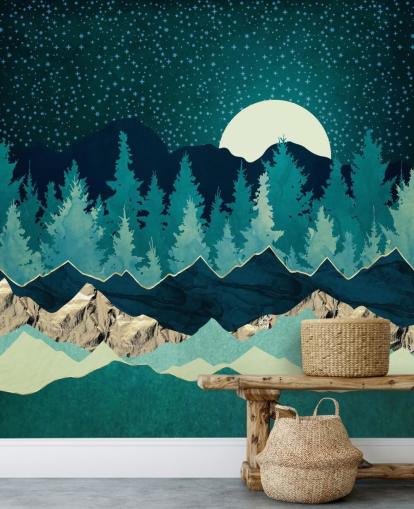 Blue and Green Landscape With Moon and Starry Sky Blue and Green Landscape With Moon and Starry Sky