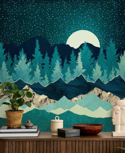 Blue and Green Landscape With Moon and Starry Sky