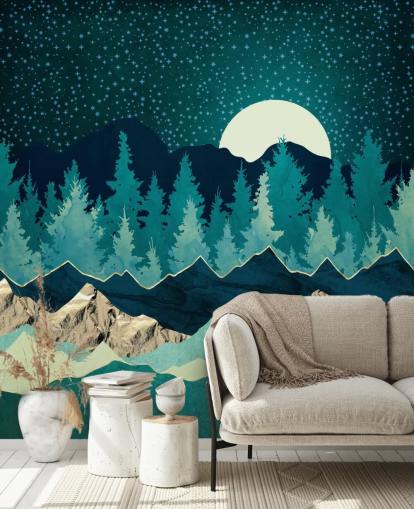 Paisaje azul y verde con luna y cielo estrellado Paisaje azul y verde con luna y cielo estrellado