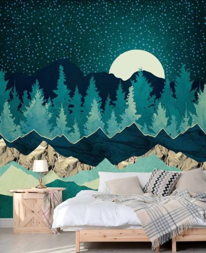 Paisaje azul y verde con luna y cielo estrellado