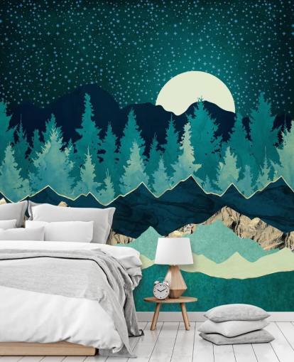 Paisagem azul e verde com lua e céu estrelado