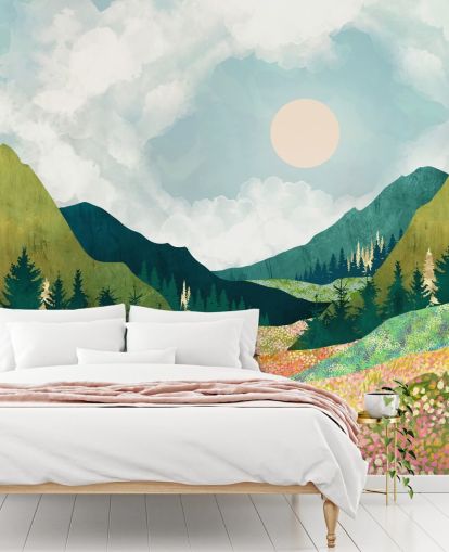 Prairie printanière colorée et montagnes vertes 