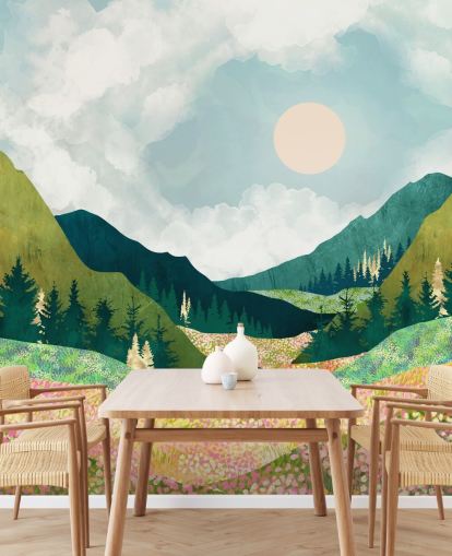 Colorful Spring Meadow and Green Mountains 