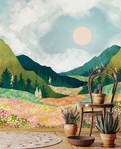 Prairie printanière colorée et montagnes vertes 