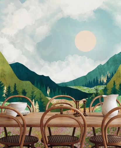 Prairie printanière colorée et montagnes vertes 