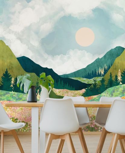 Colorful Spring Meadow and Green Mountains 