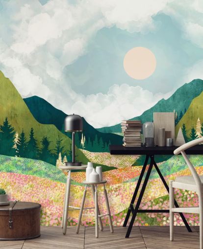 Prairie printanière colorée et montagnes vertes 