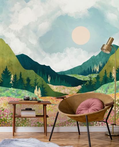 Farverig Spring Meadow og Green Mountains Farverig Spring Meadow og Green Mountains